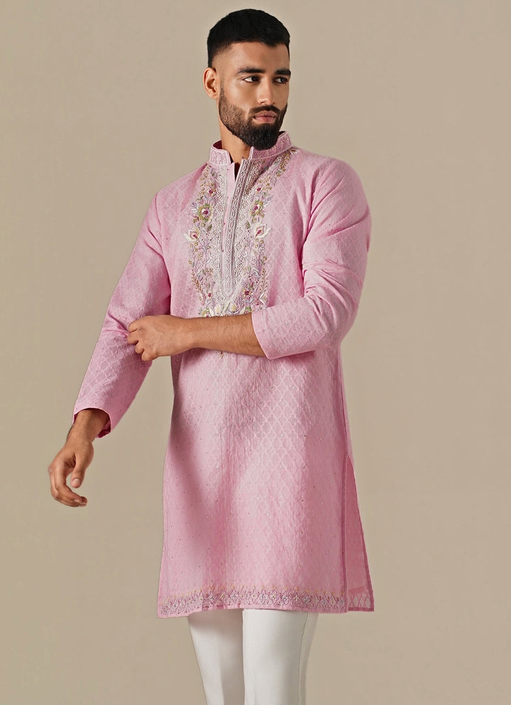 Pastel Pink Cotton Jacquard Kurta Set