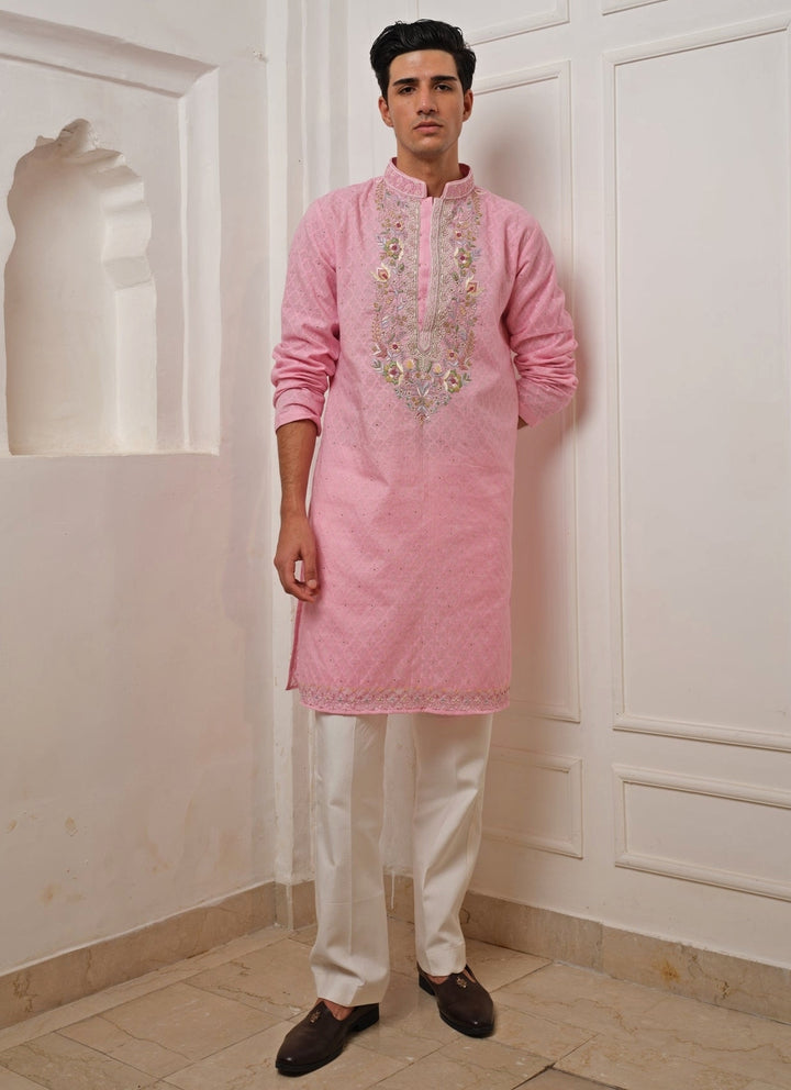 Pastel Pink Cotton Jacquard Kurta Set