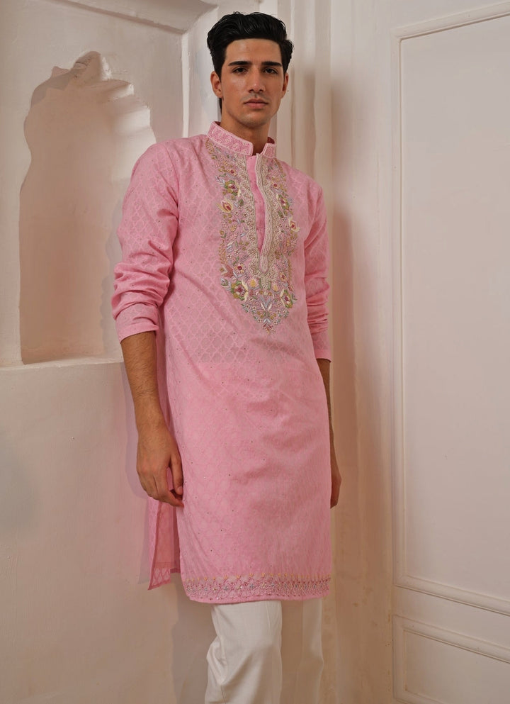 Pastel Pink Cotton Jacquard Kurta Set