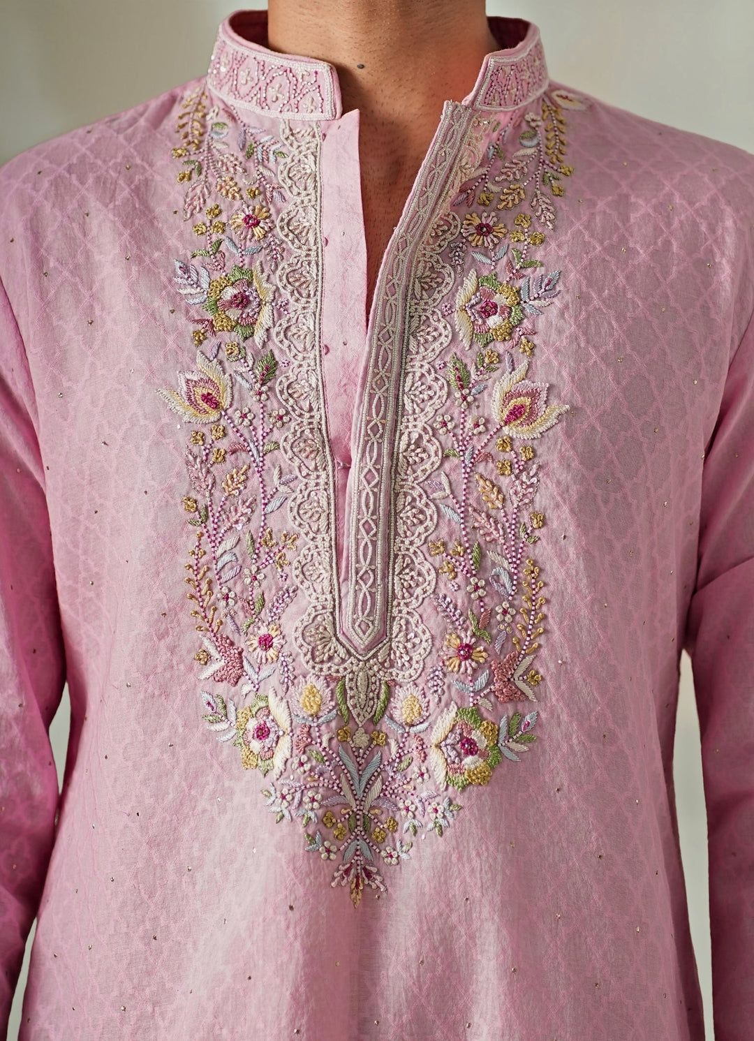 Pastel Pink Cotton Jacquard Kurta Set