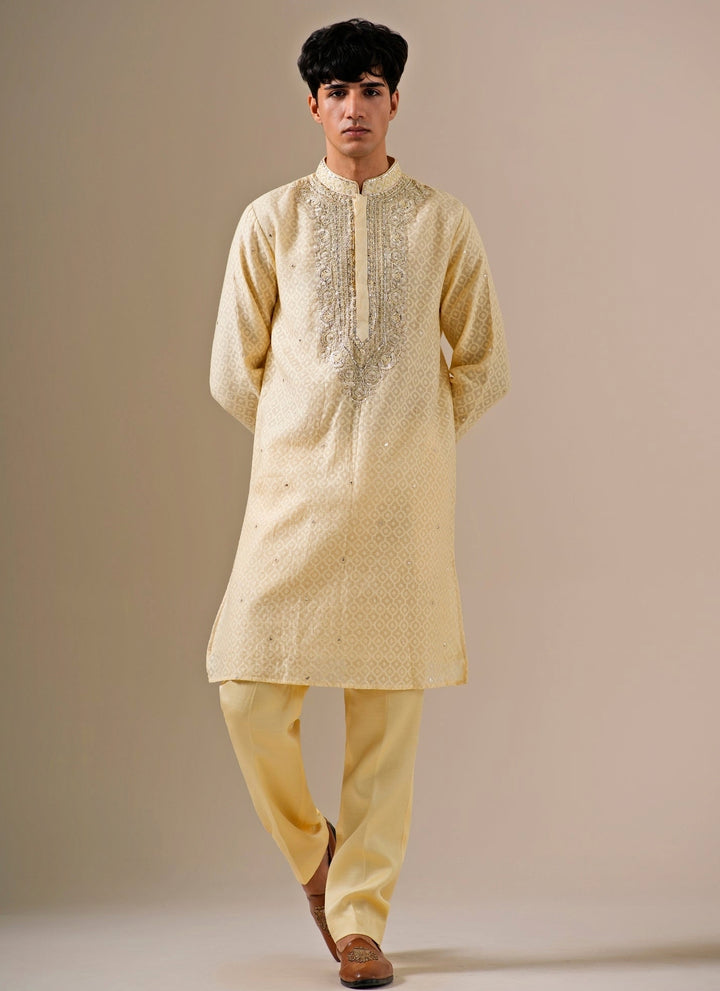 Beige Cotton Jacquard Kurta Set