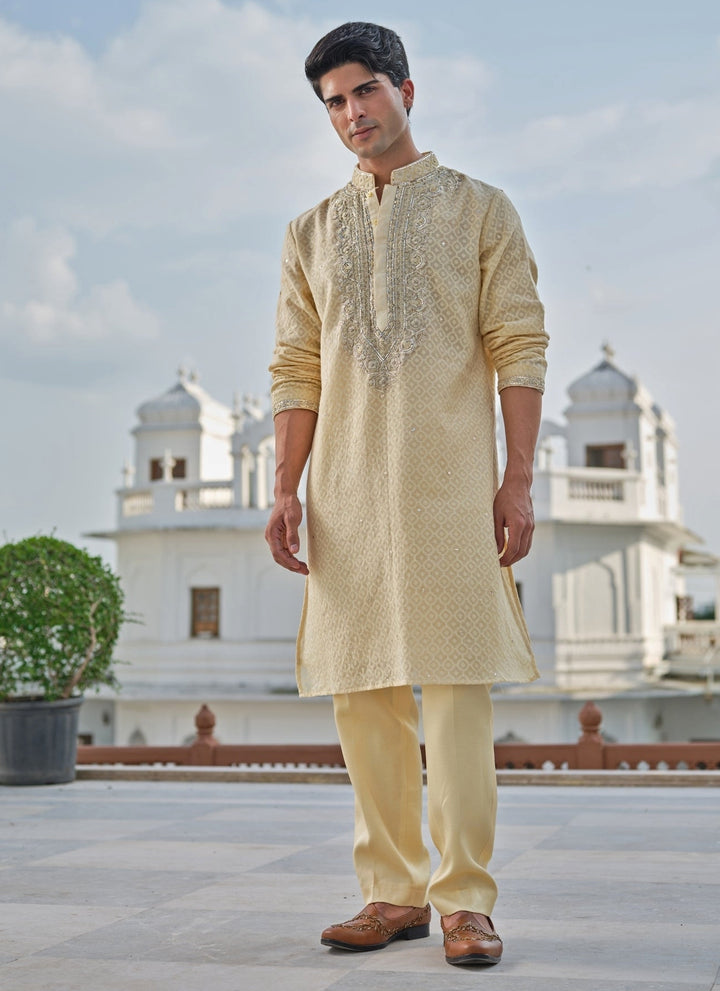 Beige Cotton Jacquard Kurta Set