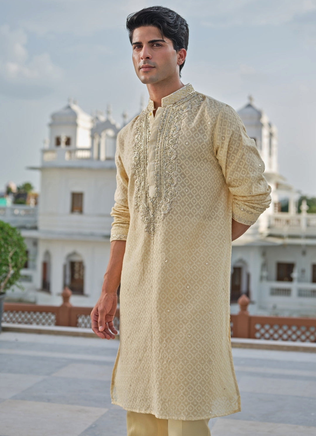 Beige Cotton Jacquard Kurta Set