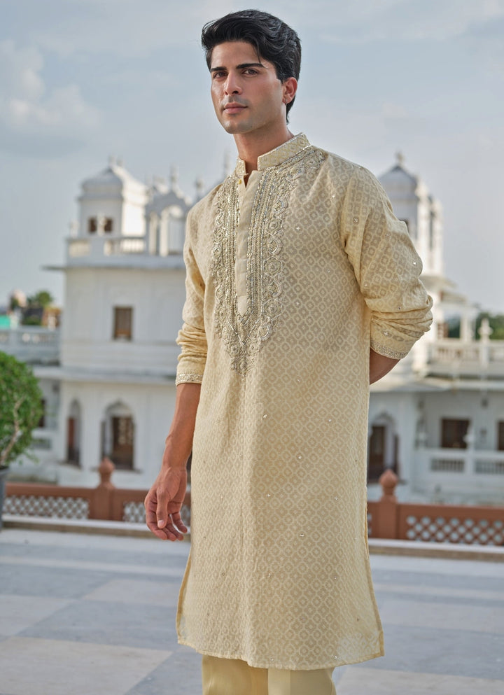 Beige Cotton Jacquard Kurta Set