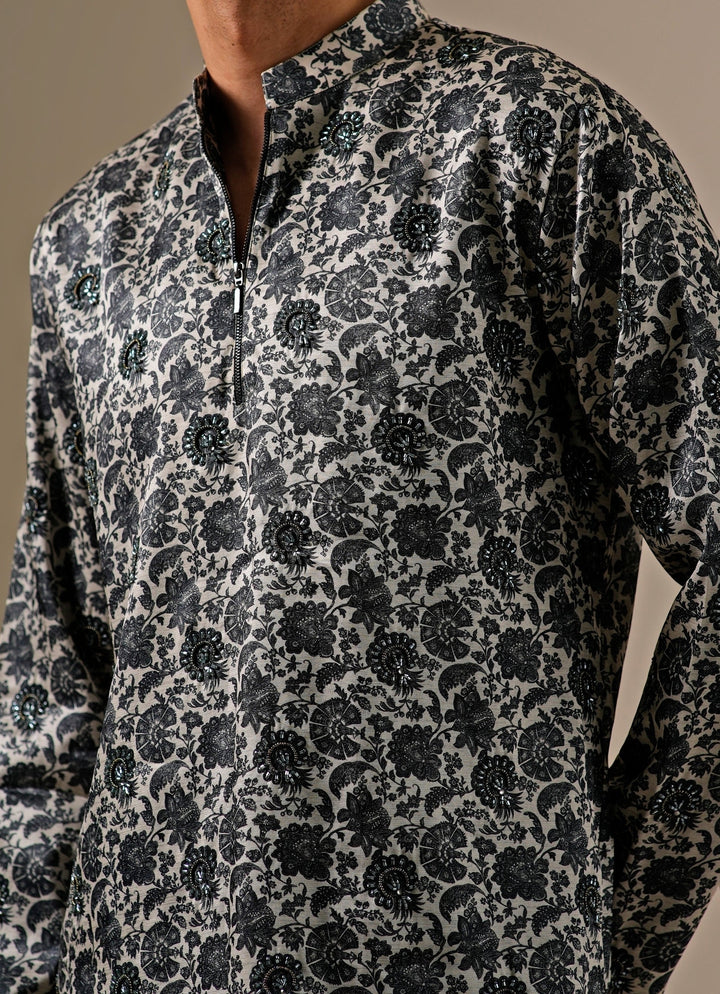 Charcoal Black Tussar Silk Kurta Set