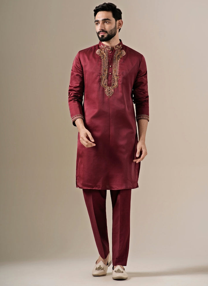 Maroon Red Silk Blend Kurta Set