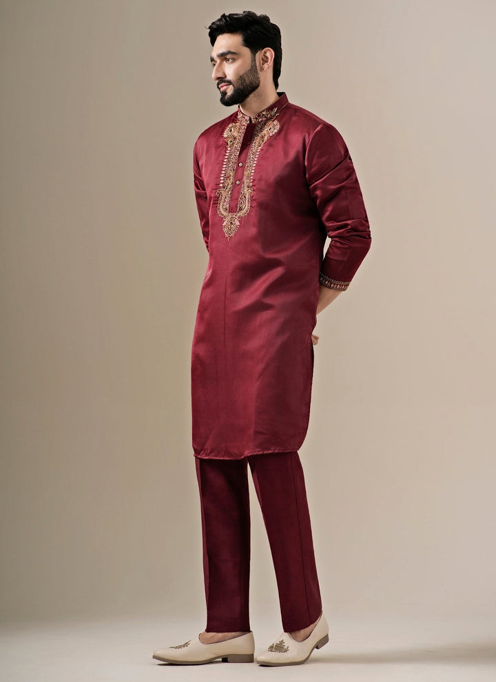 Maroon Red Silk Blend Kurta Set