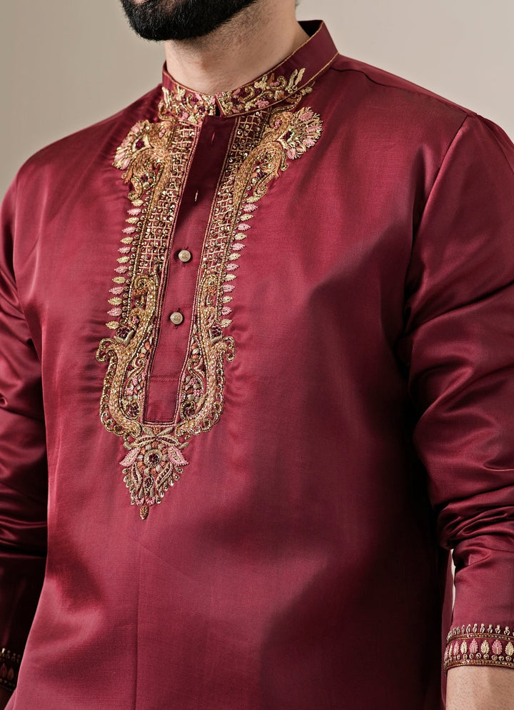 Maroon Red Silk Blend Kurta Set