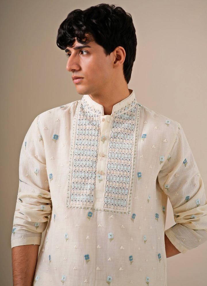 White Cotton Chanderi Kurta Set
