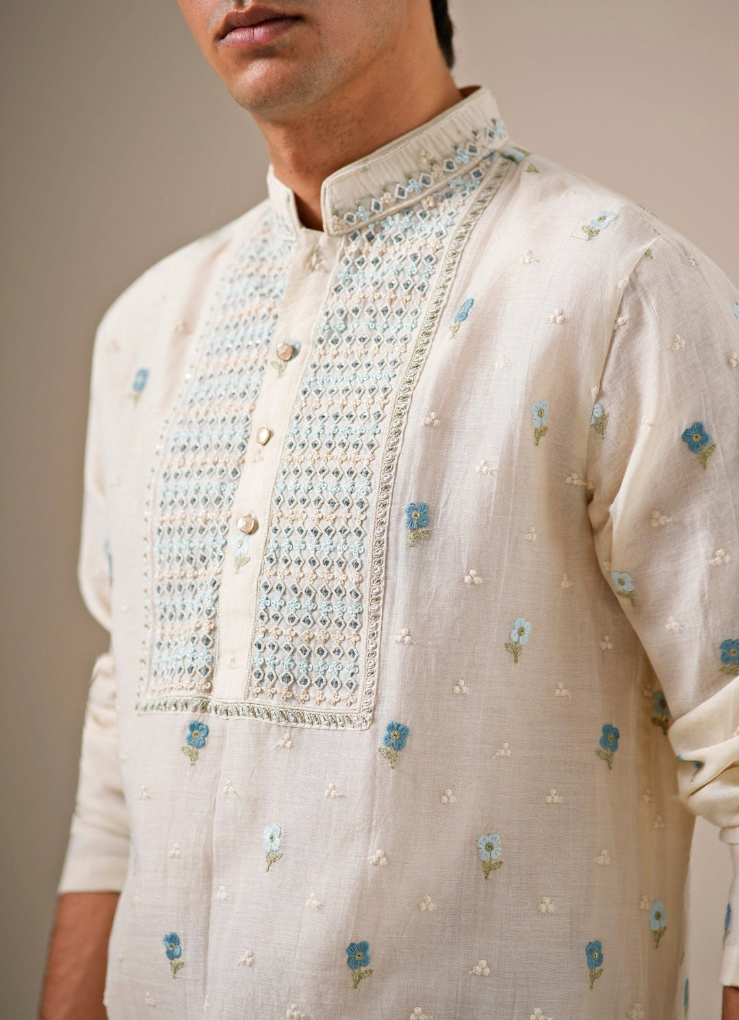 White Cotton Chanderi Kurta Set