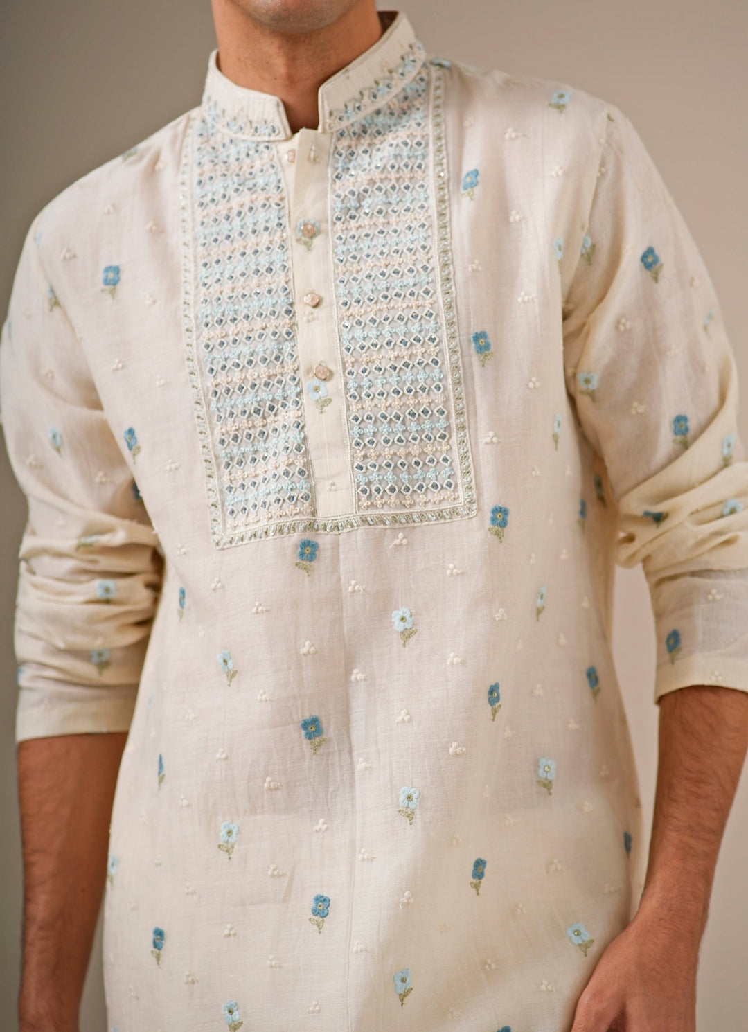 White Cotton Chanderi Kurta Set