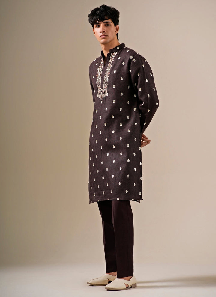 Deep Brown Cotton Linen Kurta Set