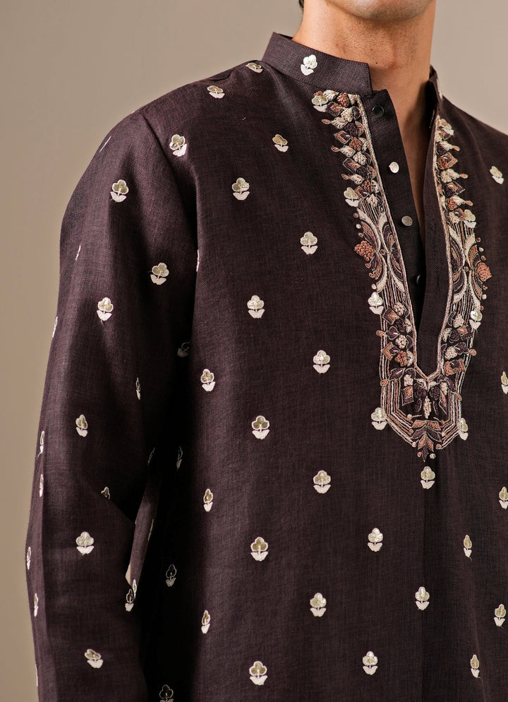 Deep Brown Cotton Linen Kurta Set