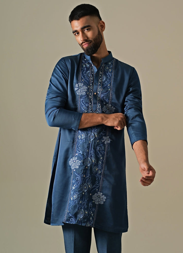Blue Silk Blend Threadwork Kurta Set