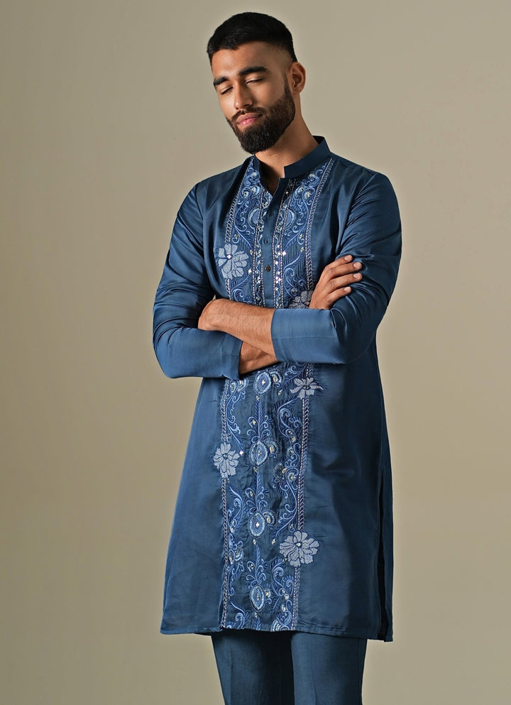 Blue Silk Blend Threadwork Kurta Set