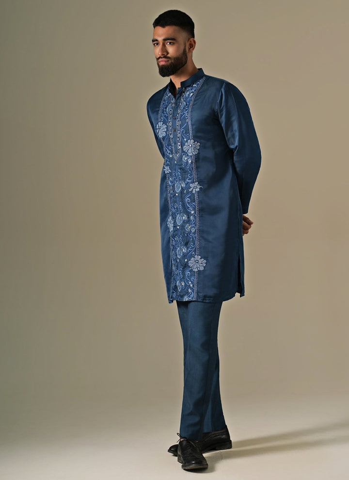 Blue Silk Blend Threadwork Kurta Set