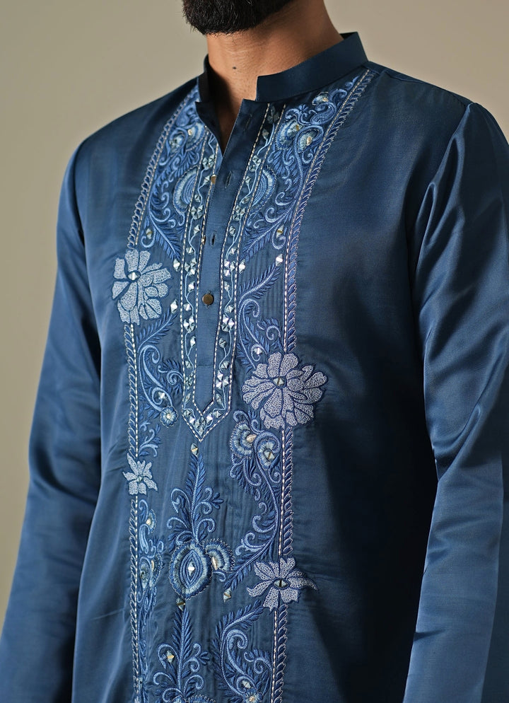 Blue Silk Blend Threadwork Kurta Set