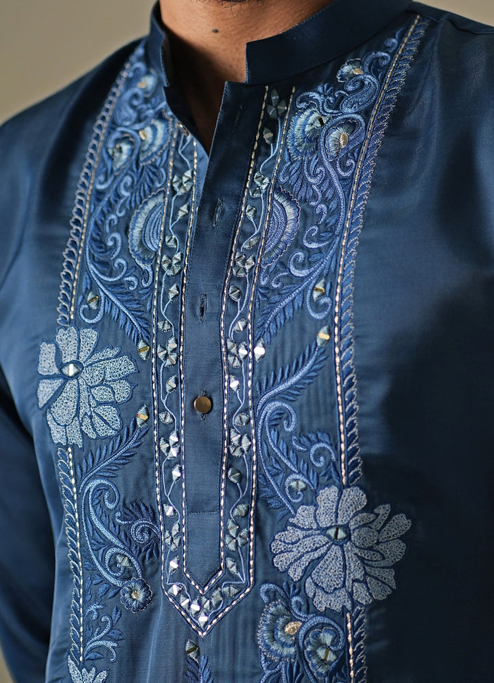 Blue Silk Blend Threadwork Kurta Set