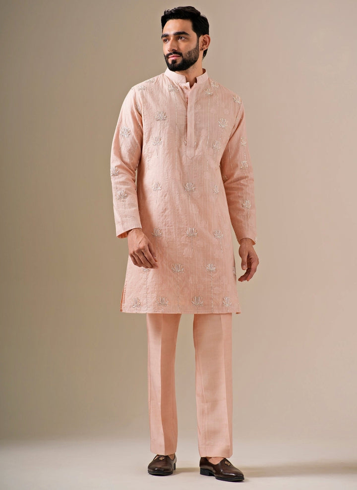 Soft Peach Cotton Jacquard Kurta Set