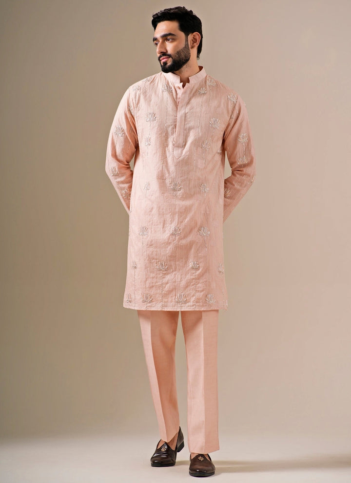 Soft Peach Cotton Jacquard Kurta Set