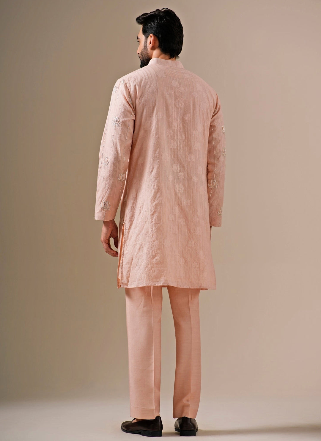 Soft Peach Cotton Jacquard Kurta Set