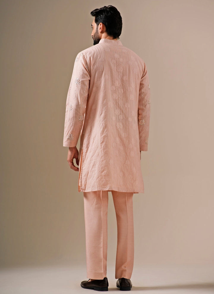 Soft Peach Cotton Jacquard Kurta Set