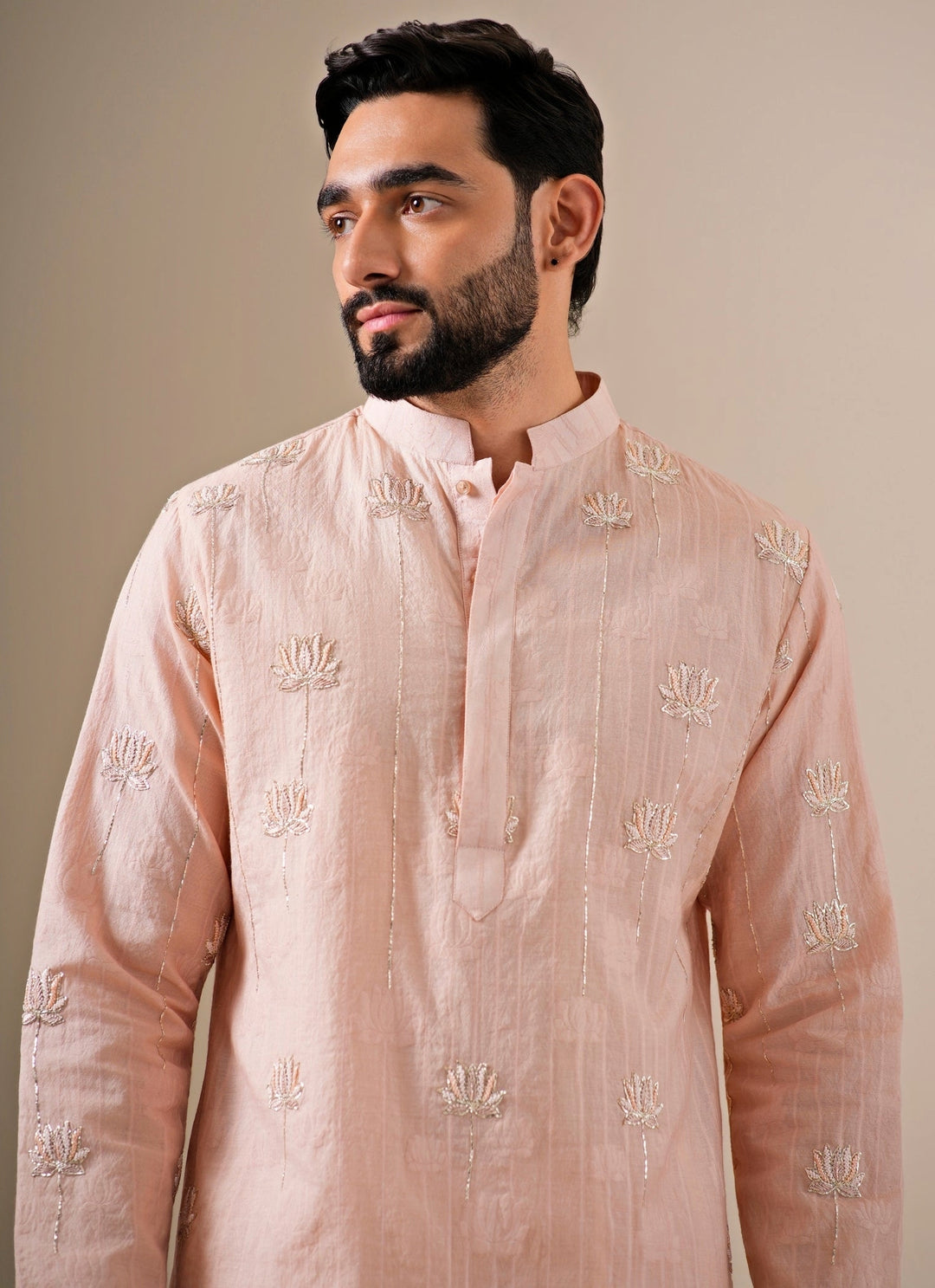 Soft Peach Cotton Jacquard Kurta Set
