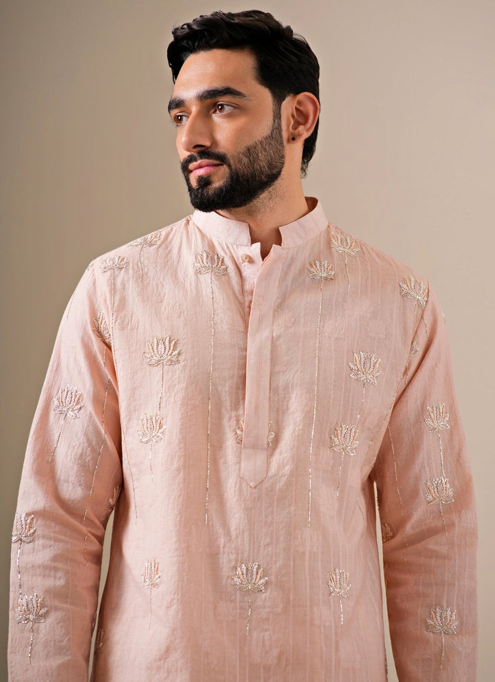 Soft Peach Cotton Jacquard Kurta Set