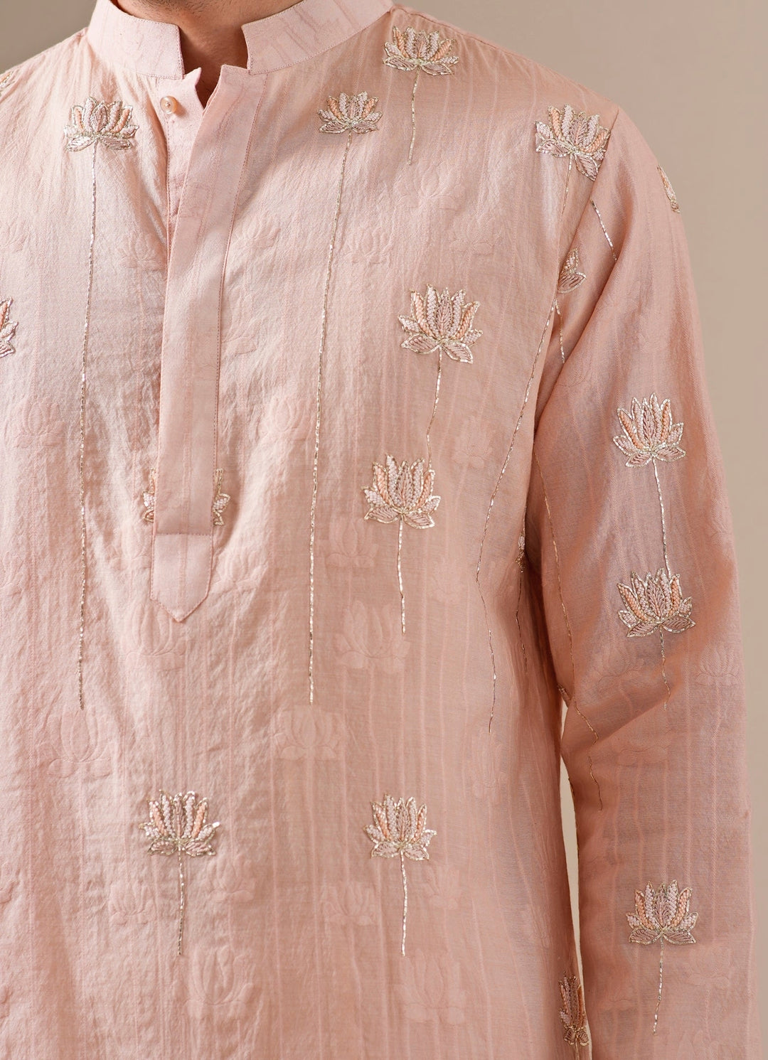 Soft Peach Cotton Jacquard Kurta Set