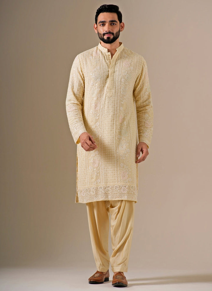 Pastel Yellow Cotton Chanderi Kurta Set