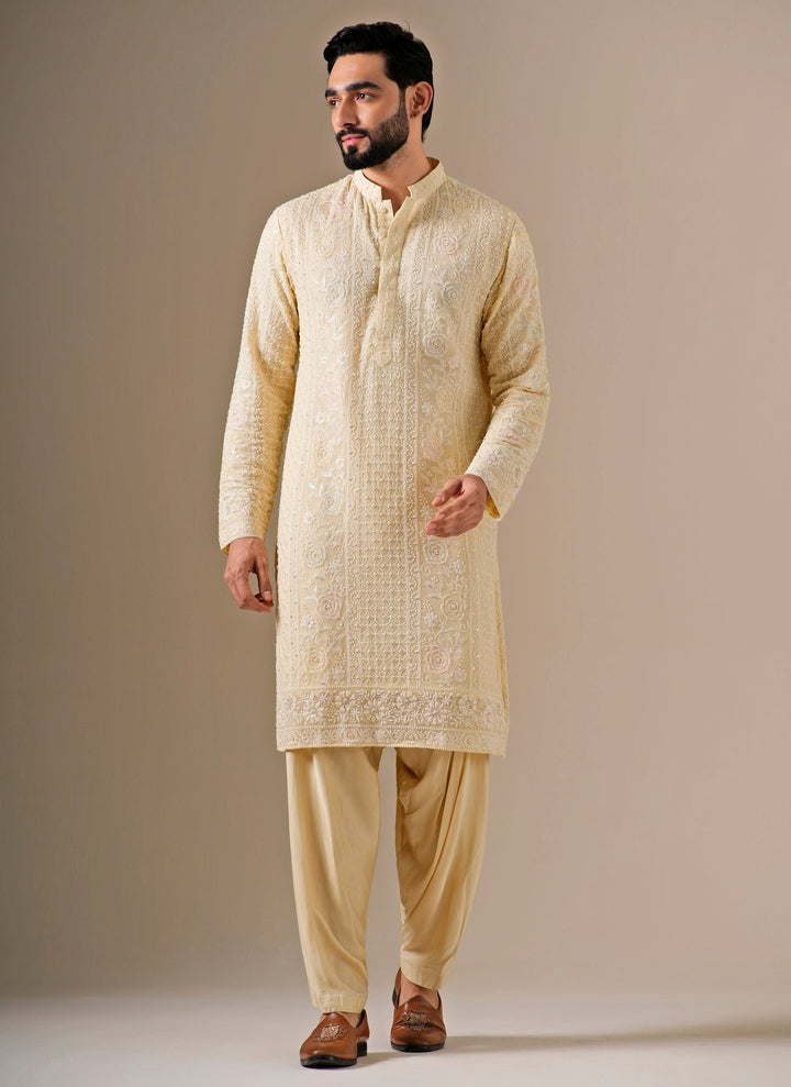 Pastel Yellow Cotton Chanderi Kurta Set
