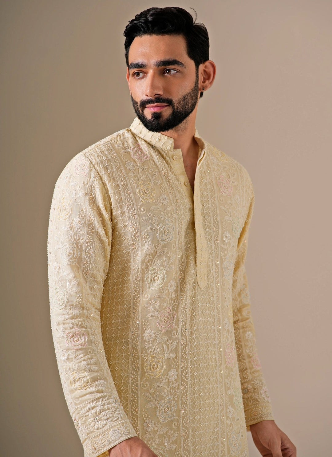 Pastel Yellow Cotton Chanderi Kurta Set