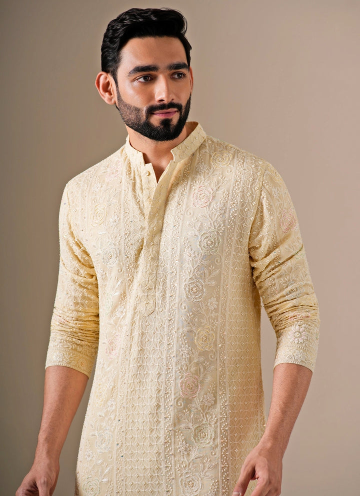 Pastel Yellow Cotton Chanderi Kurta Set