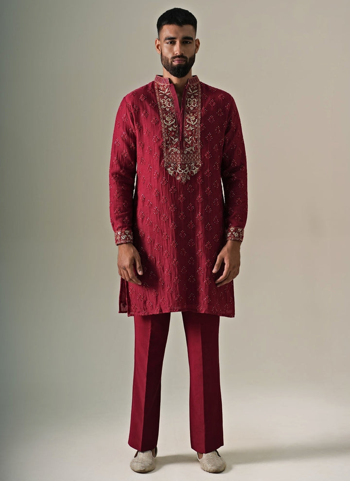 Maroon Red Cotton Chanderi Kurta Set