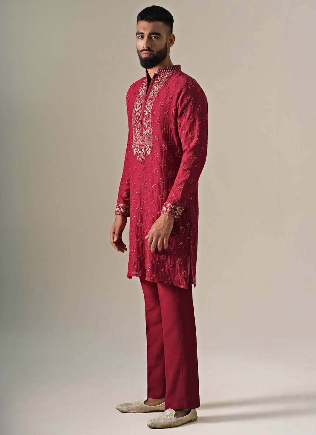 Maroon Red Cotton Chanderi Kurta Set