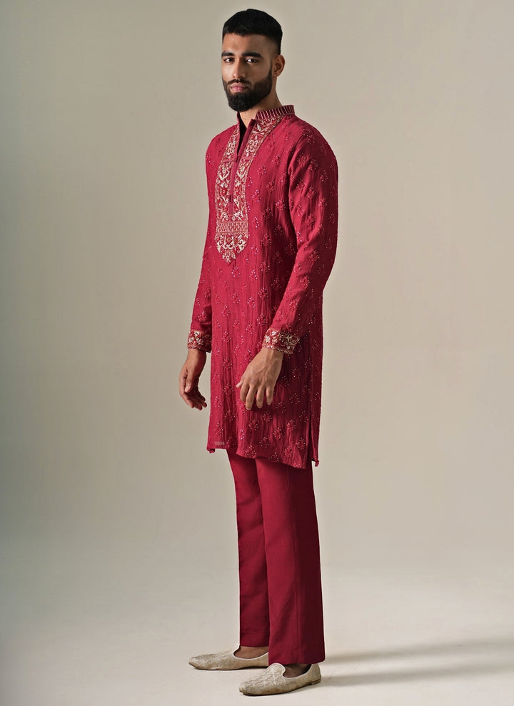 Maroon Red Cotton Chanderi Kurta Set