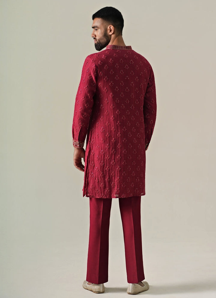 Maroon Red Cotton Chanderi Kurta Set