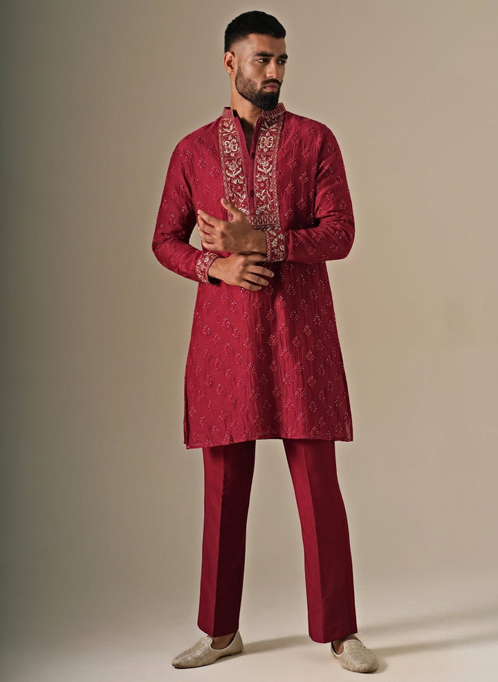 Maroon Red Cotton Chanderi Kurta Set