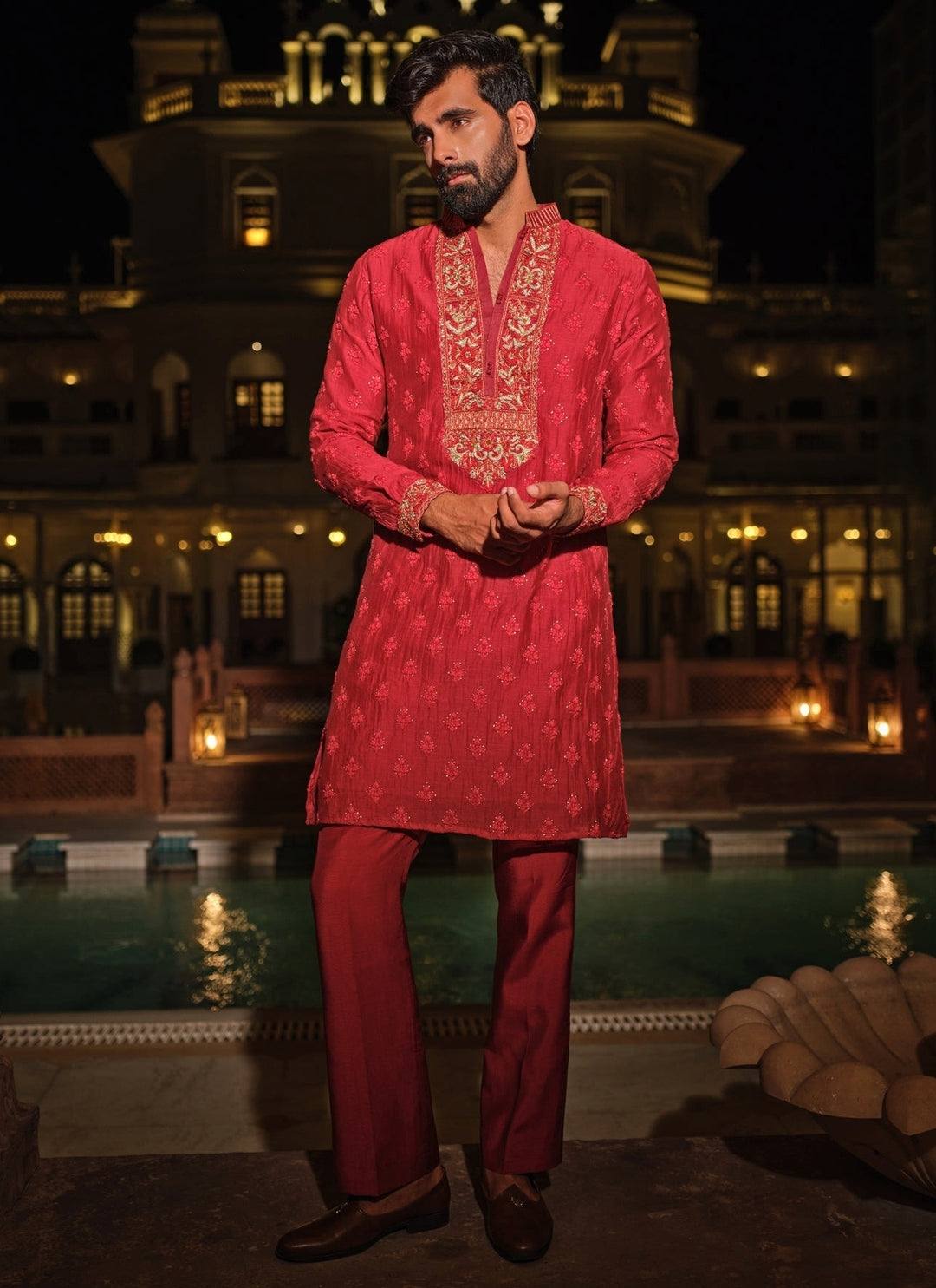 Maroon Red Cotton Chanderi Kurta Set