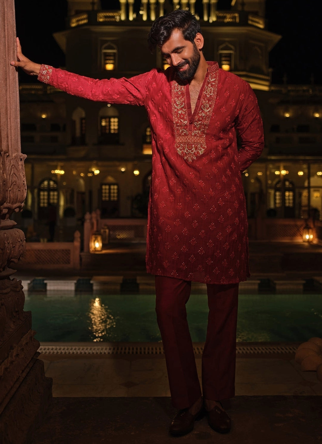 Maroon Red Cotton Chanderi Kurta Set