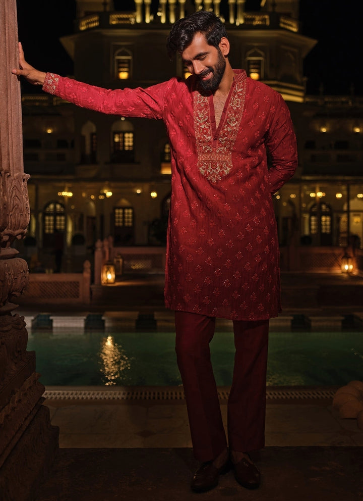 Maroon Red Cotton Chanderi Kurta Set