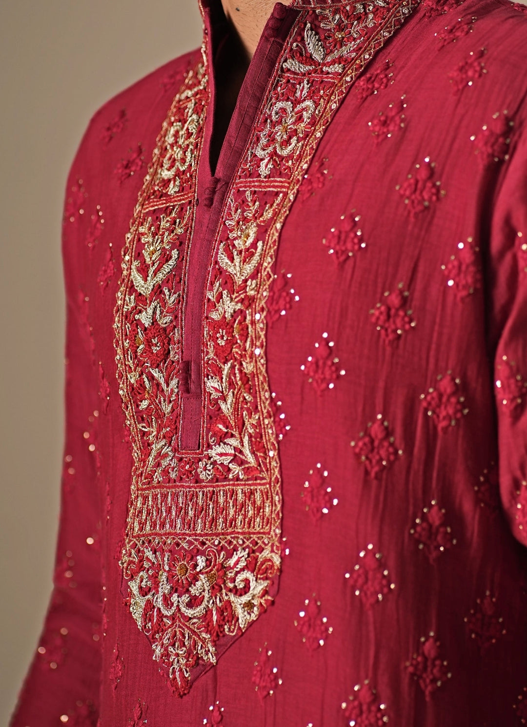 Maroon Red Cotton Chanderi Kurta Set