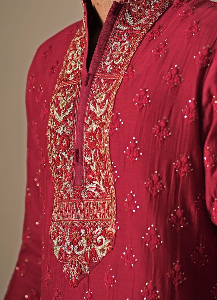 Maroon Red Cotton Chanderi Kurta Set