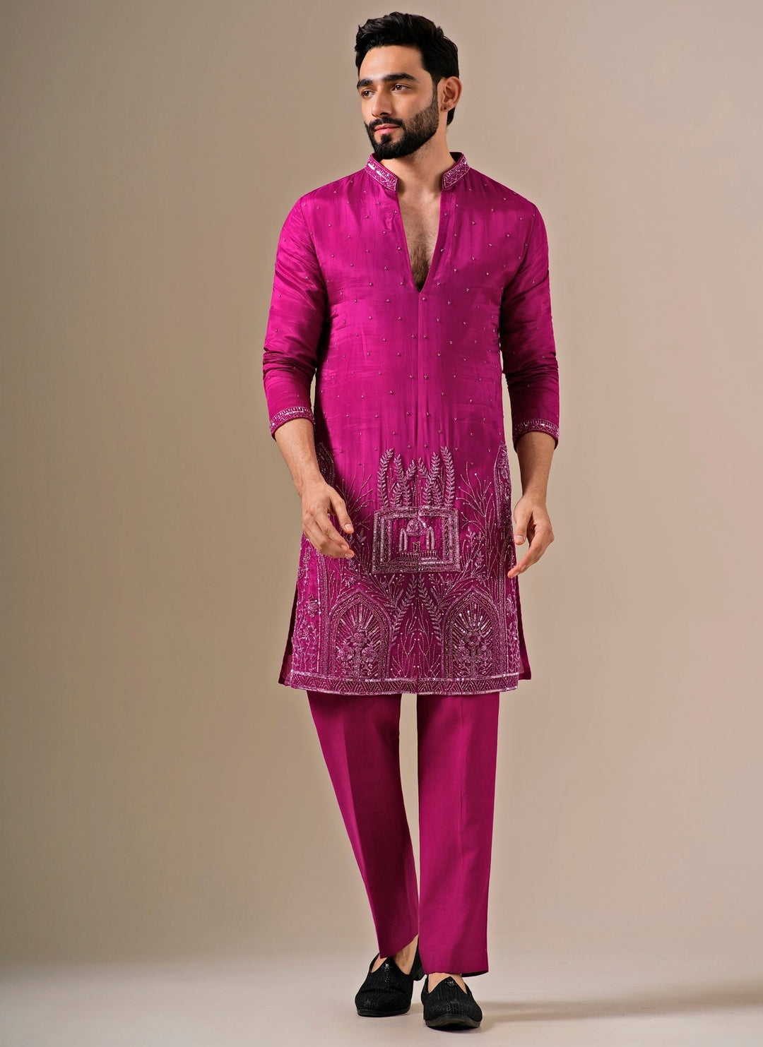 Hot Pink Ornate Silk Kurta Set