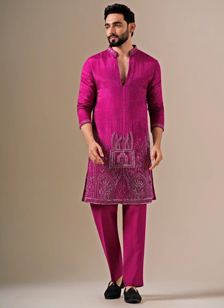 Hot Pink Ornate Silk Kurta Set