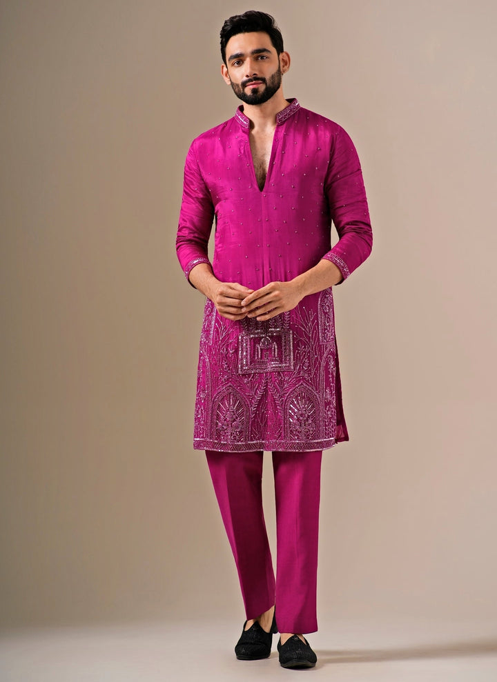 Hot Pink Ornate Silk Kurta Set