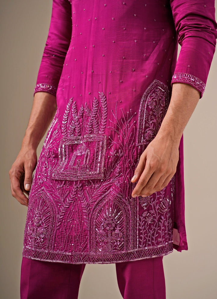 Hot Pink Ornate Silk Kurta Set