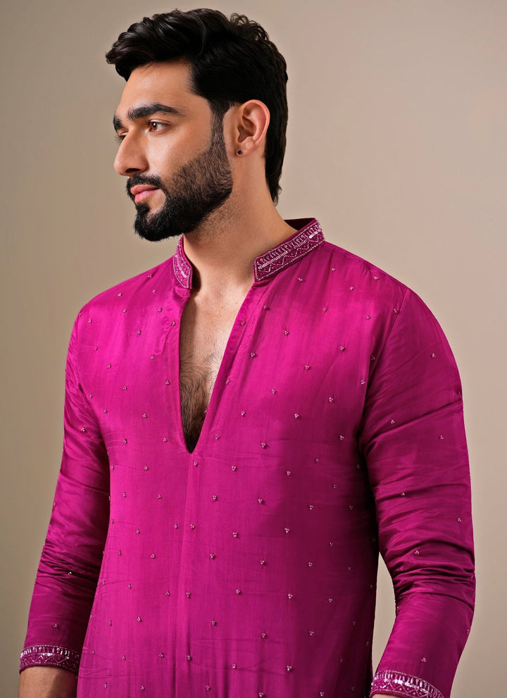 Hot Pink Ornate Silk Kurta Set