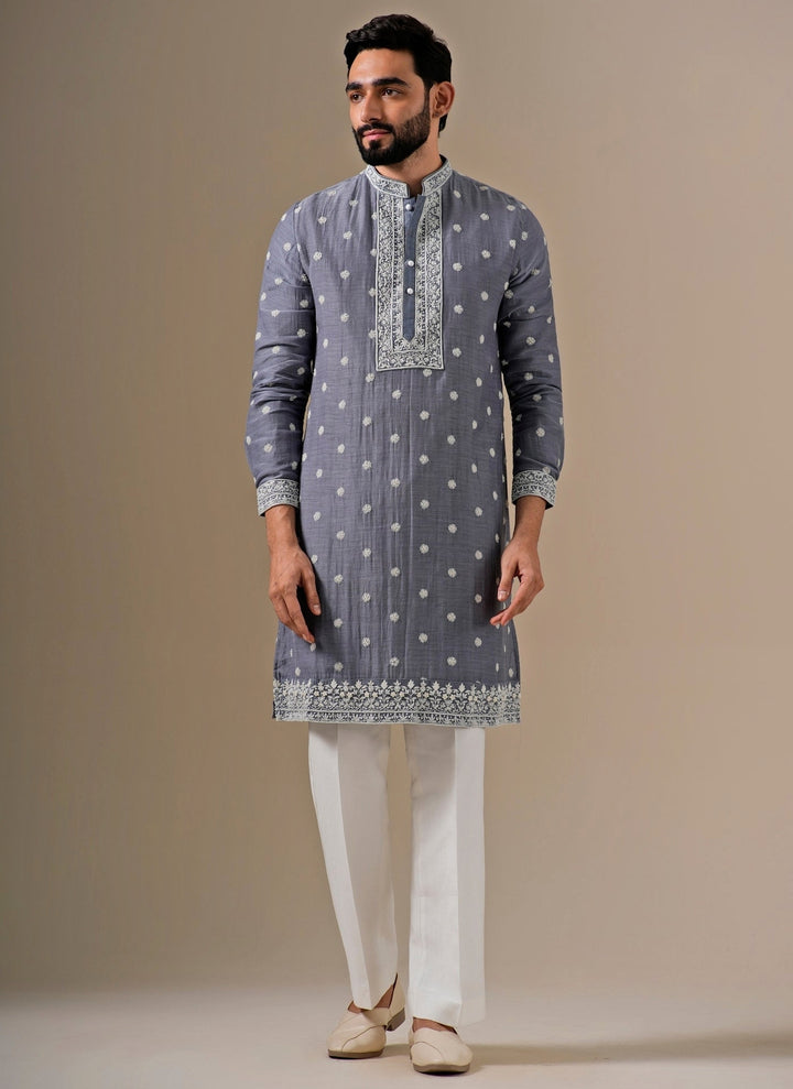 Grey Cotton Chanderi Kurta Set