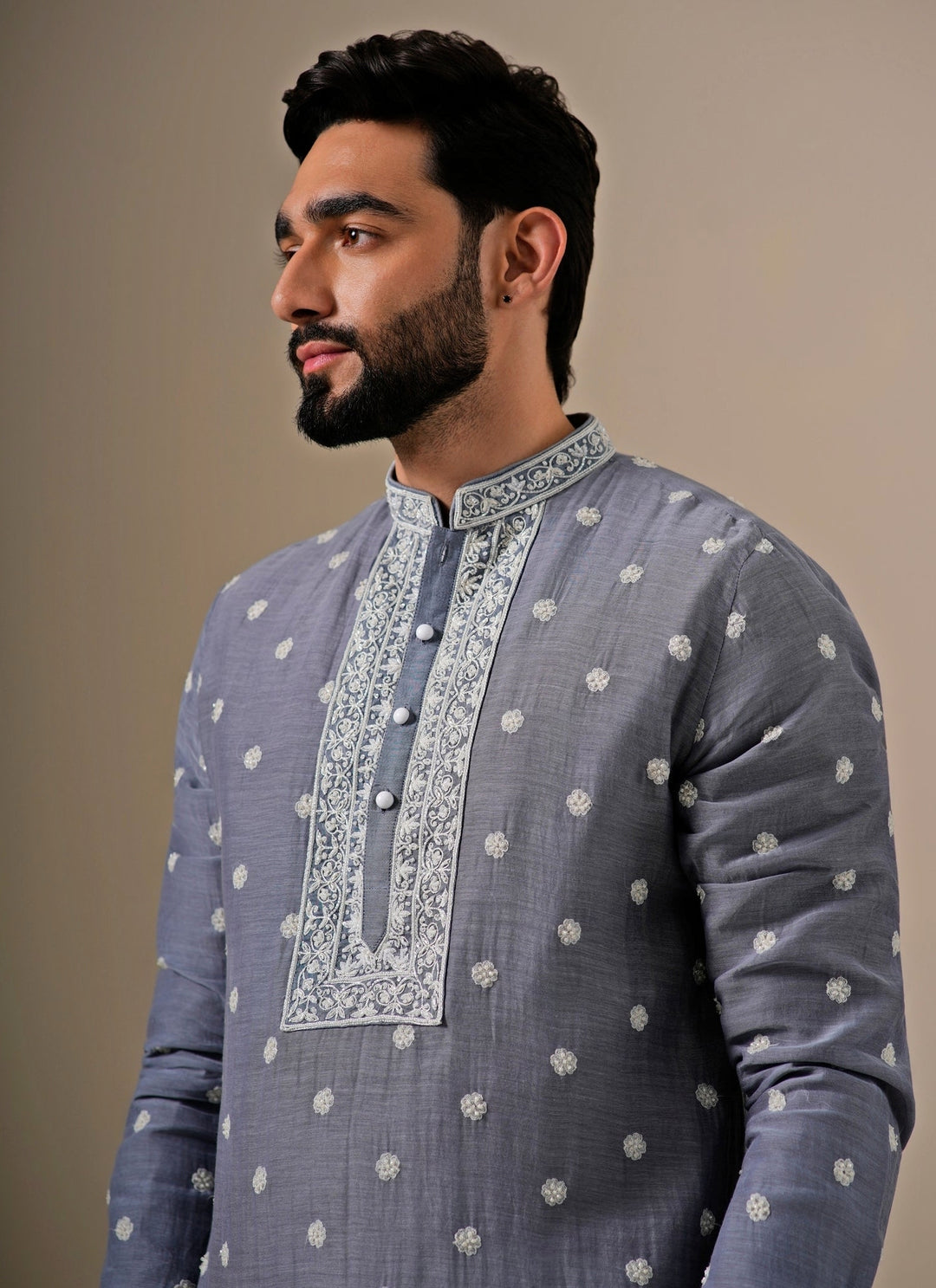 Grey Cotton Chanderi Kurta Set
